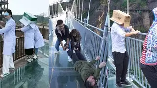 😱Scariest Cliff-side Glass Walkway😂Funny moments about fear of heights, Amazing chinese landscape