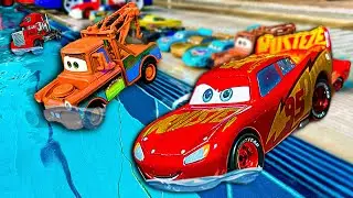 Disney Pixar Cars falling into deep pool, Lightning McQueen, Tow Mater, Mack, Sally, Francesco