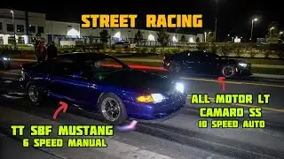 TWIN TURBO SBF MUSTANG VS ALL MOTOR CAMARO SS | STREET RACING | TT LS NOVA, V6 MIRAGE, & MORE