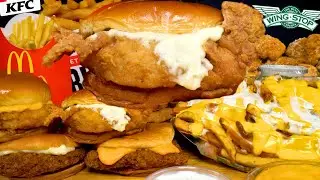 ASMR MUKBANG KFC MCDONALDS & WINGSTOP | CHICKEN BURGERS & VOODOO FRIES | WITH CHEESE + RANCH