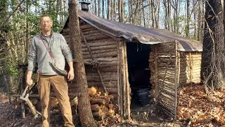 Camping in Log Cabin that I Built by Hand - Campfire Cooking & Bushcraft Projects