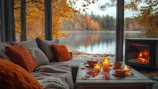 Autumn Coffee Shop Lakeside With Gentle Jazz Music & Falling Leaves For Relax, Study & Positive M...