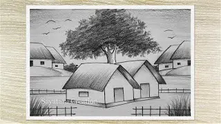 Beautiful Village Landscape Drawing with Pencil, Easy Pencil Drawing for Beginners