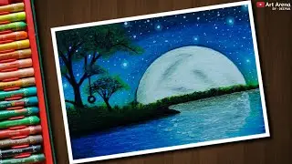 Beautiful Moonlight scenery drawing with Oil Pastels - step by step