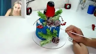 Новогодний торт с фигуркой Снегиря  Еловые ветки и шишки мк  Танинторт