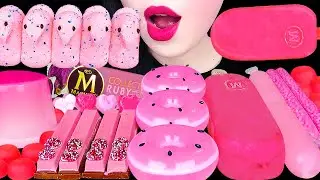 ASMR PINK DESSERTS *HOT PINK DONUT, MAGNUM ICE CREAM, PEEPS MARSHMALLOW, CUP JELLY EATING MUKBNAG 먹방