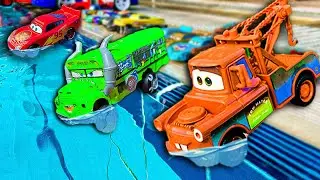 Disney Pixar Cars falling into deep pool, Lightning McQueen, Tow Mater, Mack, Sally, Francesco