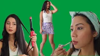 Girl dance , makeup, combing hair { 3 green background }