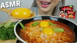 Samyang Spicy Stew Noodles with Egg Yolk and Mozzarella Cheese balls *No Talking ASMR Mukbang | N.E