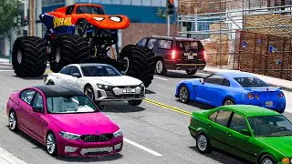 Monster Jam In The Streets | Monster Trucks VS Traffic - BeamNG