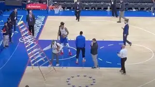 Giannis Antetokounmpo pushes ladder down after 76ers vs. Bucks matchup (via @dem389/Twitter)