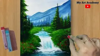 Soft Pastel Drawing - How to Draw Hilly Landscape with Waterfall(step by step)for beginners Painting
