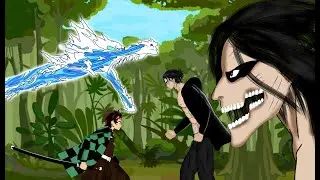 Eren yeager titan, Tanjinro demon slayer vs Cartoon Cat trevor henderson . Drawing cartoon 2 .