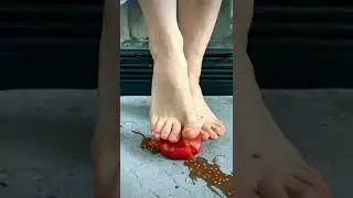 Feet crush food, tomato