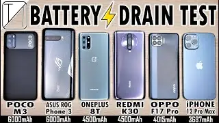 POCO M3 vs ROG 3 / OnePlus 8T / Redmi K30 / OPPO F17 Pro / iPhone 12 Pro Max Battery Life DRAIN Test