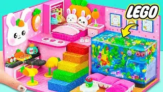 How To Make Pink Bunny House with Mini LEGO Aquarium, Rainbow Stairs | DIY Miniature Cardboard House