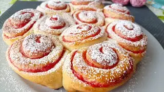 🍓Смачні булочки з полуницею до чаю😋 Тісто без яєць.