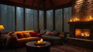 Autumn in the Forest | Cozy Cabin Ambience with Heavy Rain, Fireplace and Jazz