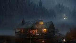Raining outside of a cozy cabin. Good for sleep.