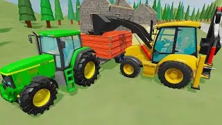 Tractor and Backhoe Loader - Animated Farm with Vehicles and House Building - Excavator for Kids