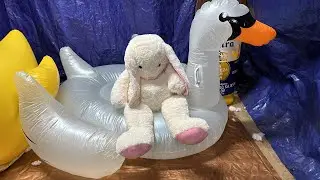 Angle 2 Destroy Huge Stuffed Easter Bunny Cut And Rip Slowly While Sitting On An Inflatable Swan