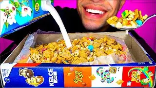 ASMR EATING LUCKY CHARMS CINNAMON TOAST CRUNCH REESE'S PUFFS OUT OF THE BOX MILK POUR SPOON MOUTH SO