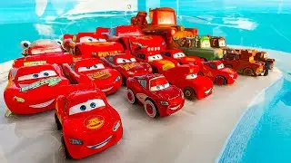 Disney Pixar Cars falling into deep pool, Lightning McQueen, Tow Mater, Mack, Sally, Francesco