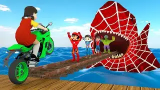 Scary Teacher 3D vs Squid Game 2 Superhero Crossing Shark Bridge by Motorbike 5 Times Challenge