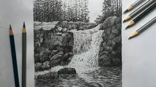 Waterfall drawing in pencil |  draw & shade a waterfall in pencil | pencil sketch