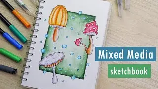 Mushrooms - Mixed Media Sketchbook Page - Pink Pig