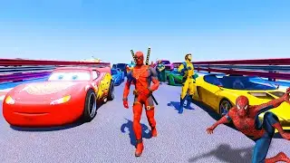 SPIDERMAN McQueen Vs Disney CARS LAKE RAMP Challenge ! SUPERHEROES HULK MACK Truck Epic Race - GTA V