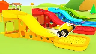 Cars and trucks install street lights for racing cars for kids. Helper cars cartoons for kids.