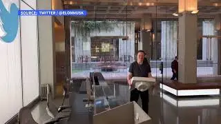 Elon Musk enters Twitters headquarters carrying a sink