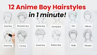 12 Anime boy hairstyle ideas compilation in 1 min | How to draw anime hair (time-lapse)