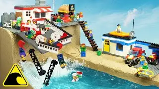 Wave Machine VS Lego City Pier - Pizza Restaurant - Fire Station - Tsunami Dam Breach Experiment