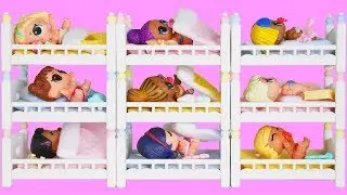 LOL Surprise Dolls Bunk Beds Sleepover Routine with Unicorn Family Dream House
