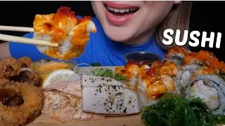 SUSHI ASMR *Aburi Tuna & Salmon, Mega Roll and Dragon Roll with Ika Karaage NO Talking Eating Sounds