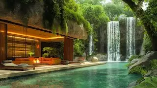 Smooth Jazz Music & Waterfall Sounds At Peaceful Garden Space - Soft Jazz In Cozy Living Room