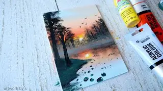 sunrise lake 🌅 Easy acrylic painting for beginners | Painting on mini canvas ✨️