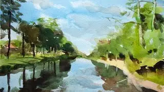 A loose watercolor painting of river with trees