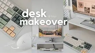 desk makeover & tour ☁️🌱‎ pinterest inspired, lenovo monitor, new desk items, keycaps, and mouse!