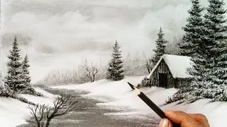 Winter Nature view landscape scenery drawing with pencil// Charcoal pencil drawing easy//