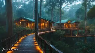 Rainy Forest Village Ambience with Soothing Instrumental Piano Jazz Music to Relax, Sleep