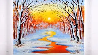 Winter Lake Painting | Winter Sunset Acrylic Painting | Winter Painting Ideas