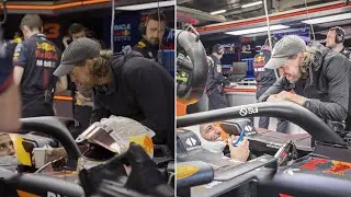 Sebastian Vettel serving coffee to Daniel Riccardo while in Verstappen’s Redbull RB19