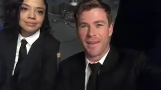 Chris Hemsworth and Tessa Thompson congratulate Robert Downey Jr.