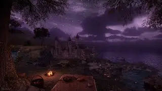 Medieval Coastal Village Ambience | Water, Crackling Fire, Crickets, Owls, Distant Wave Sounds