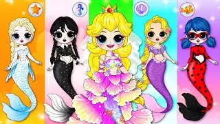 Elsa, Peach and Wednesday become The Little Mermaids || Paper Dolls