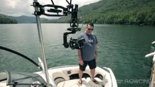 Camera boat with NEWTON S1 stabilized head, for film making with Malibu Boats