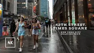 New York City rainy walk - 42th street, Times Square, Manhattan Midtown 4K